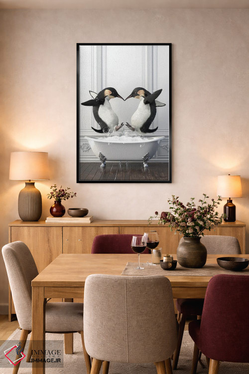 تابلو دکوراتیو پنگوئن ها در حمام در حال خوش گذرانی اثر جوفری فیلیپ - D5B