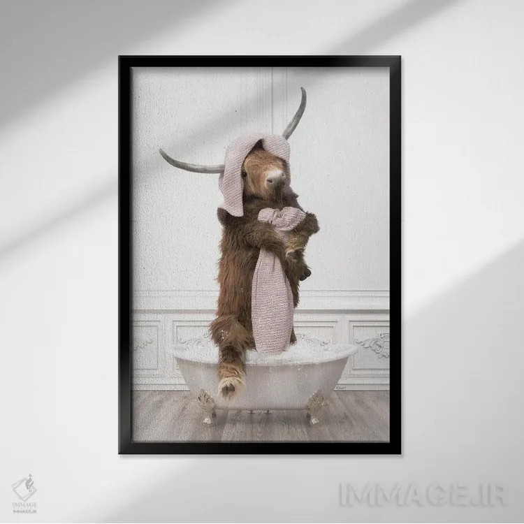 تابلو دکوراتیو گاو کوهستانی در حمام با حوله حمامی اثر جوفری فیلیپ - نمای قابدار مشکی