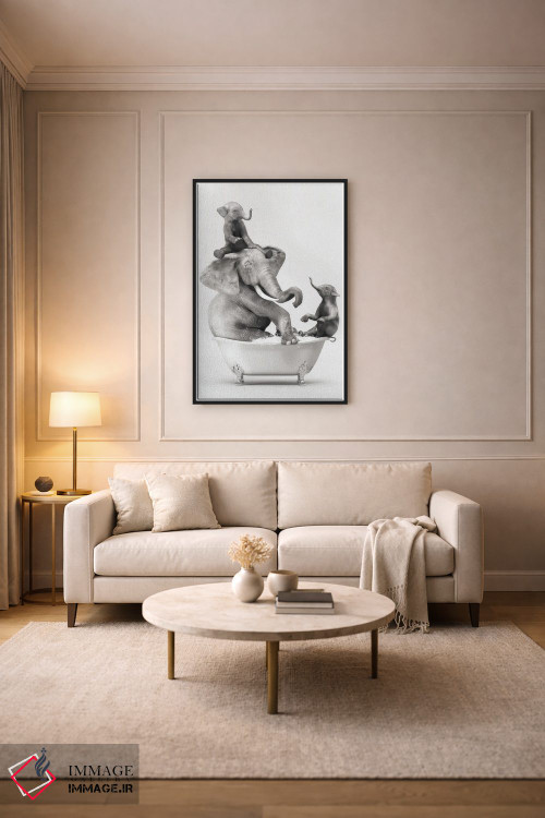 تابلو دکوراتیو فیل و بچه در حمام در حال خوش گذرانی اثر جوفری فیلیپ - D3B