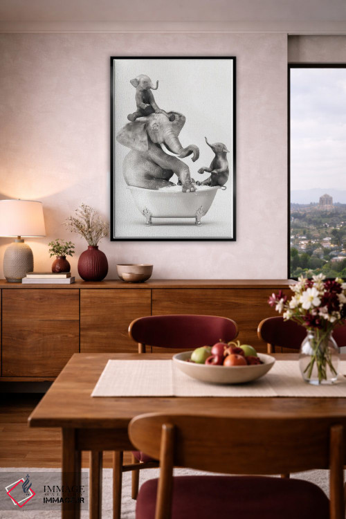 تابلو دکوراتیو فیل و بچه در حمام در حال خوش گذرانی اثر جوفری فیلیپ - D4B