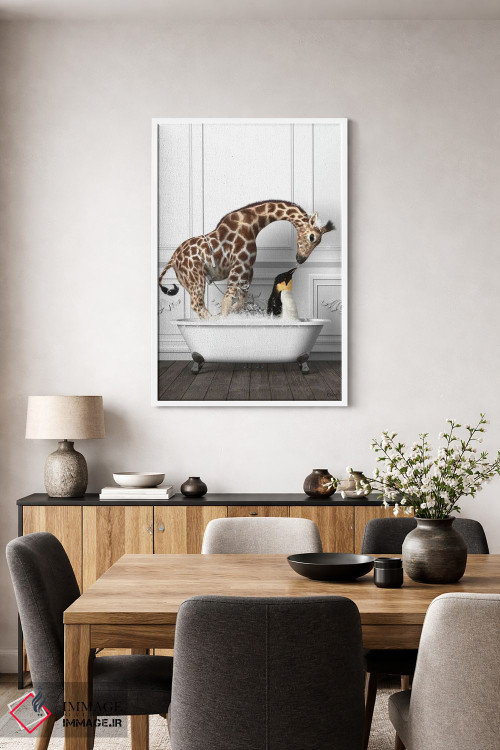 تابلو دکوراتیو پنگوئن ها و زرافه در حمام در حال خوش گذرانی اثر جوفری فیلیپ - D2W