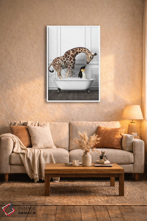 تابلو دکوراتیو پنگوئن ها و زرافه در حمام در حال خوش گذرانی اثر جوفری فیلیپ - D3W