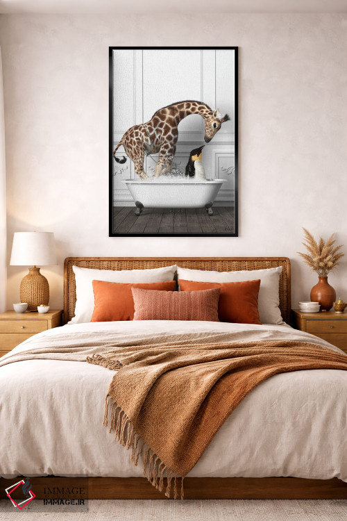 تابلو دکوراتیو پنگوئن ها و زرافه در حمام در حال خوش گذرانی اثر جوفری فیلیپ - D4B