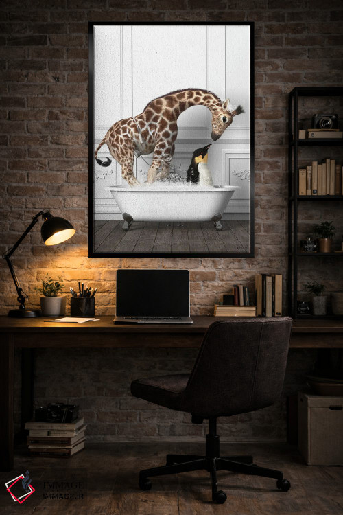 تابلو دکوراتیو پنگوئن ها و زرافه در حمام در حال خوش گذرانی اثر جوفری فیلیپ - D5B