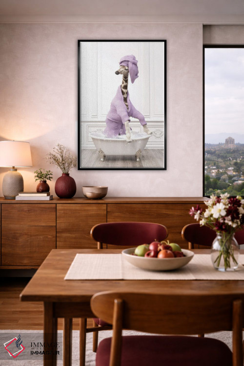 تابلو دکوراتیو زرافه در حمام با حوله حمامی اثر جوفری فیلیپ - D4B