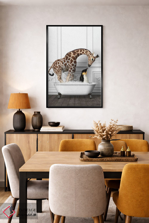 تابلو دکوراتیو پنگوئن ها و زرافه در حمام در حال خوش گذرانی اثر جوفری فیلیپ - D6B