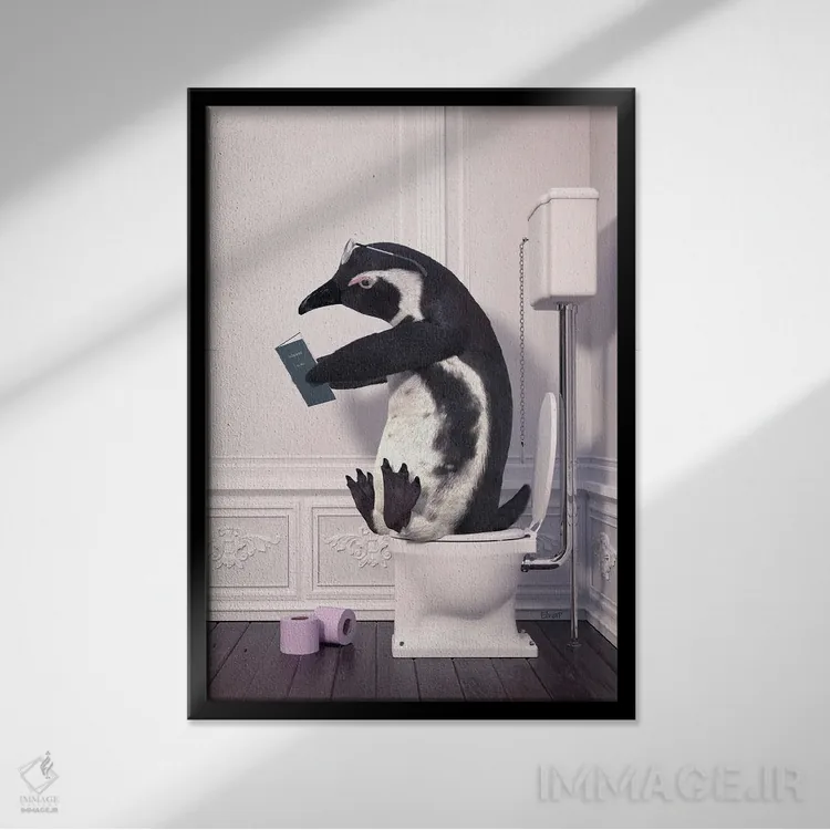 تابلو دکوراتیو پنگوئن در توالت در حال خواندن کتاب اثر جوفری فیلیپ - نمای قابدار مشکی
