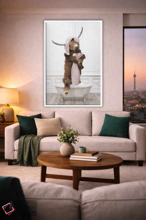 تابلو دکوراتیو گاو کوهستانی در حمام با حوله حمامی اثر جوفری فیلیپ - D1W