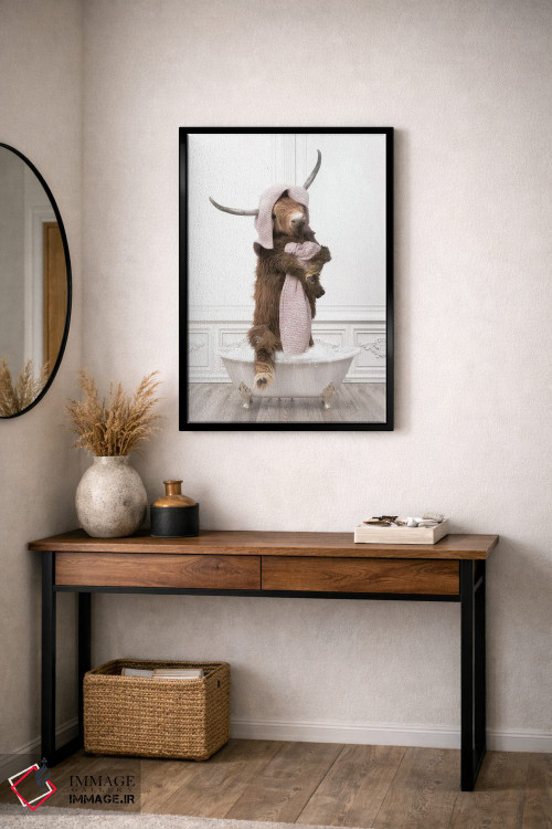 تابلو دکوراتیو گاو کوهستانی در حمام با حوله حمامی اثر جوفری فیلیپ - D4B