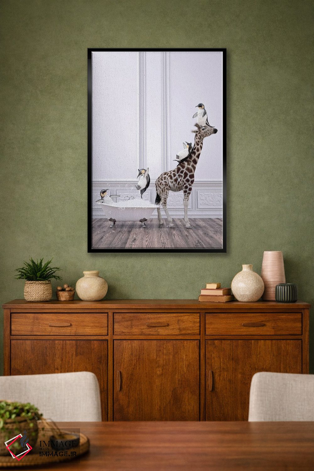 تابلو دکوراتیو پنگوئن و زرافه در حمام اثر جوفری فیلیپ - D1B