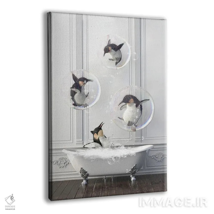 تابلو دکوراتیو پنگوئن در حمام پر از حباب اثر جوفری فیلیپ - نمای پرسپکتیو محصول