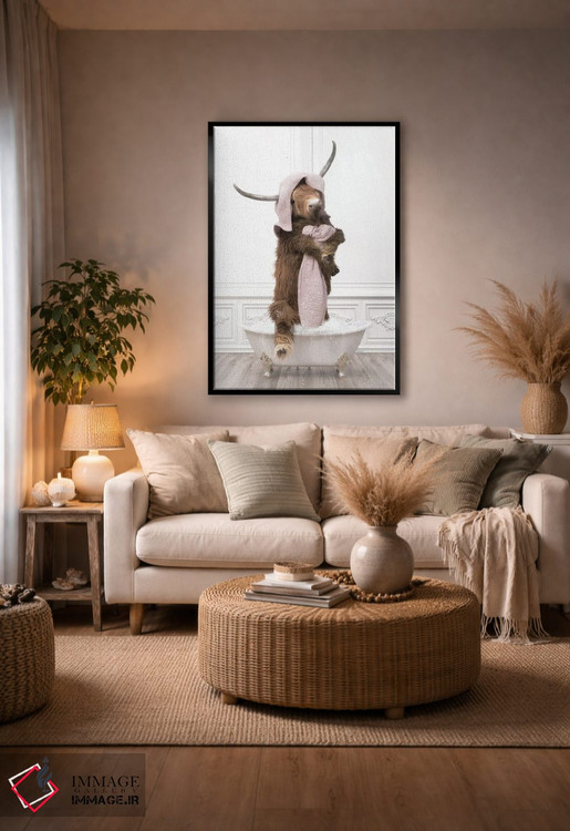 تابلو دکوراتیو گاو کوهستانی در حمام با حوله حمامی اثر جوفری فیلیپ - D5B