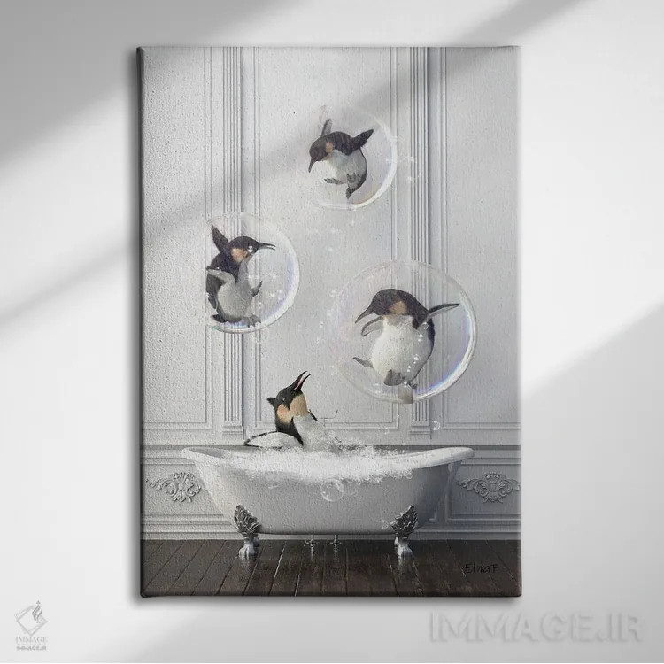 تابلو دکوراتیو پنگوئن در حمام پر از حباب اثر جوفری فیلیپ - نمای روبهرو روی دیوار