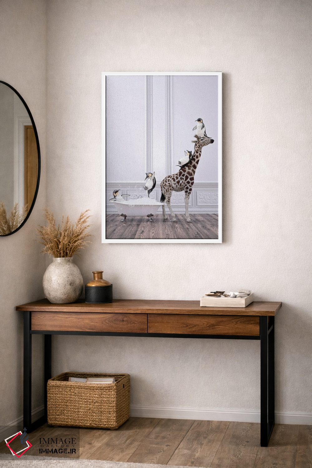 تابلو دکوراتیو پنگوئن و زرافه در حمام اثر جوفری فیلیپ - D2W