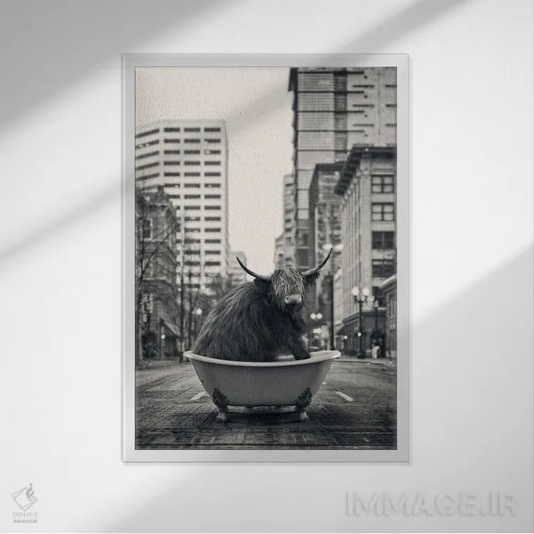 تابلو دکوراتیو گاو کوهستانی در خیابان اثر جوفری فیلیپ - نمای قابدار سفید