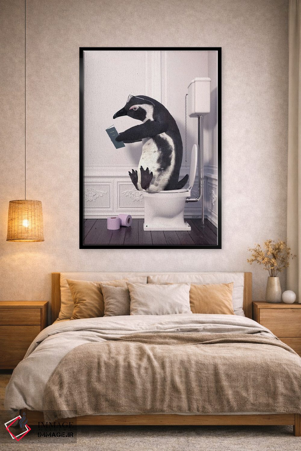 تابلو دکوراتیو پنگوئن در توالت در حال خواندن کتاب اثر جوفری فیلیپ - D2B