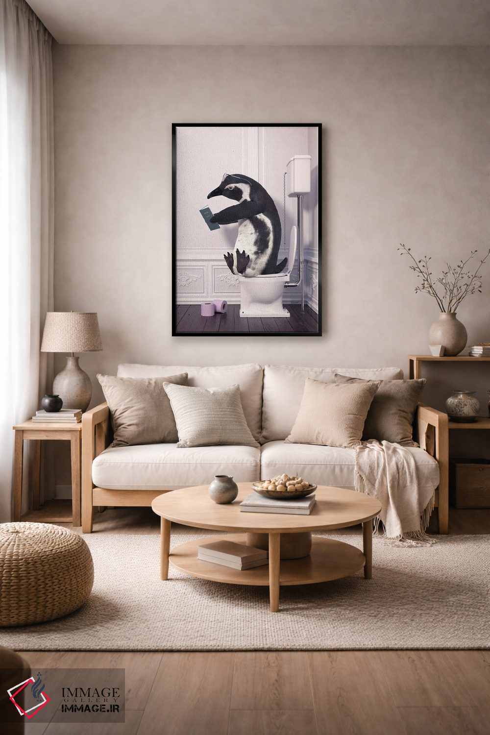 تابلو دکوراتیو پنگوئن در توالت در حال خواندن کتاب اثر جوفری فیلیپ - D4B