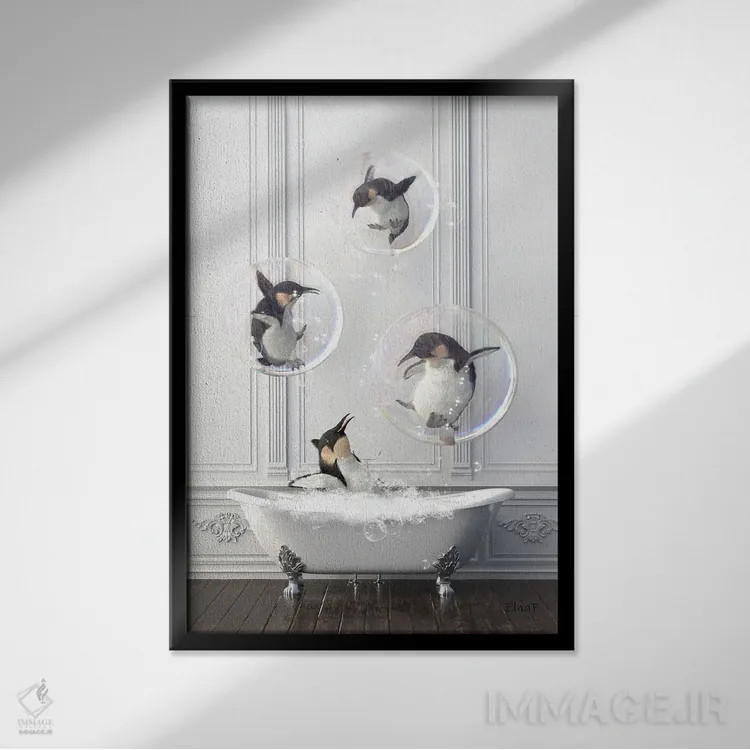 تابلو دکوراتیو پنگوئن در حمام پر از حباب اثر جوفری فیلیپ - نمای قابدار مشکی