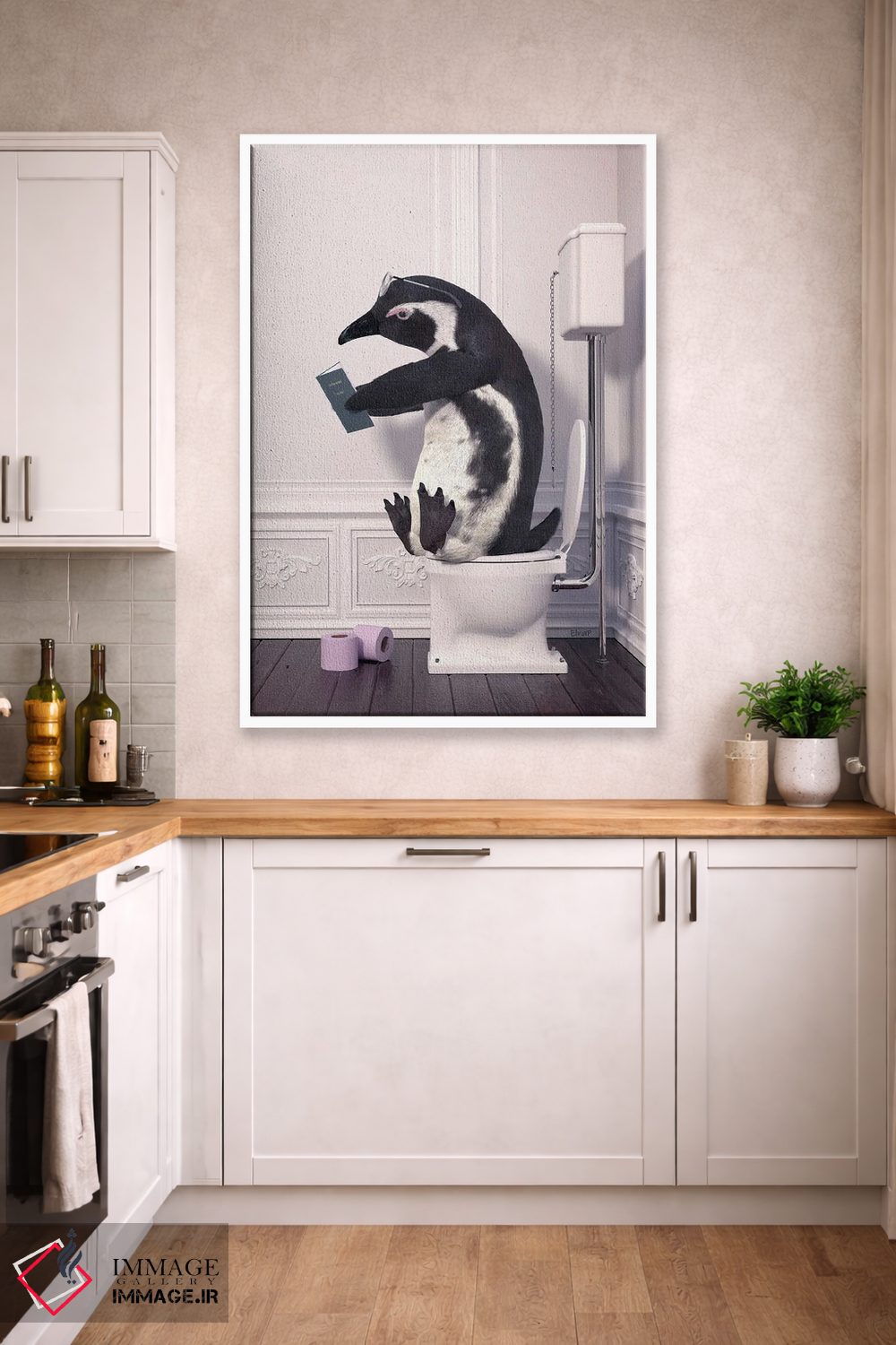 تابلو دکوراتیو پنگوئن در توالت در حال خواندن کتاب اثر جوفری فیلیپ - D3W