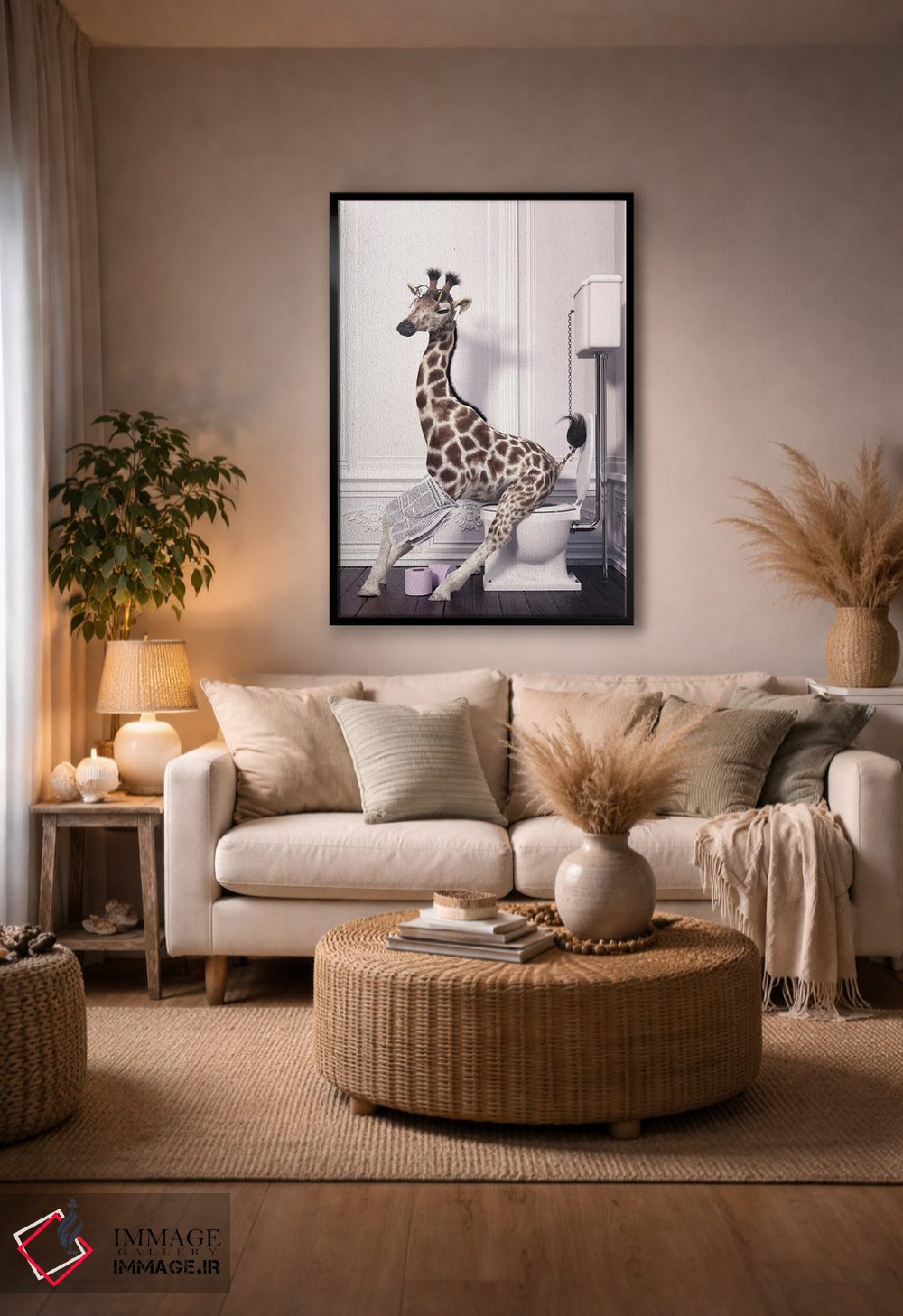 تابلو دکوراتیو زرافه در توالت در حال خواندن روزنامه اثر جوفری فیلیپ - D5B