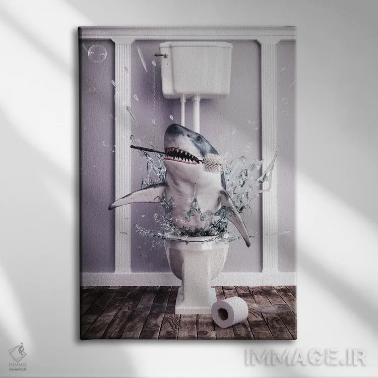 تابلو دکوراتیو کوسه در دستشویی اثر جوفری فیلیپ - نمای روبهرو روی دیوار