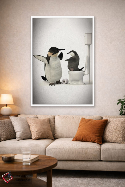 تابلو دکوراتیو پنگوئن در دستشویی با بچه اش اثر جوفری فیلیپ - D1W