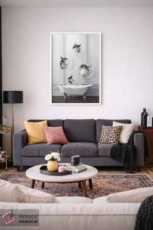 تابلو دکوراتیو پنگوئن در حمام پر از حباب اثر جوفری فیلیپ - D3W