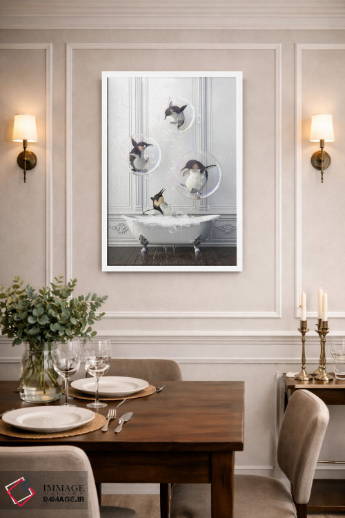تابلو دکوراتیو پنگوئن در حمام پر از حباب اثر جوفری فیلیپ - D1W