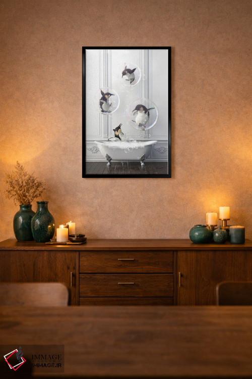 تابلو دکوراتیو پنگوئن در حمام پر از حباب اثر جوفری فیلیپ - D2B