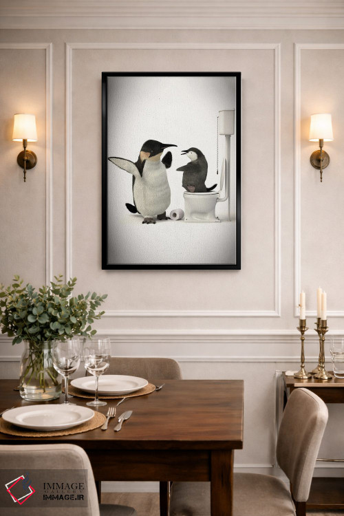 تابلو دکوراتیو پنگوئن در دستشویی با بچه اش اثر جوفری فیلیپ - D3B