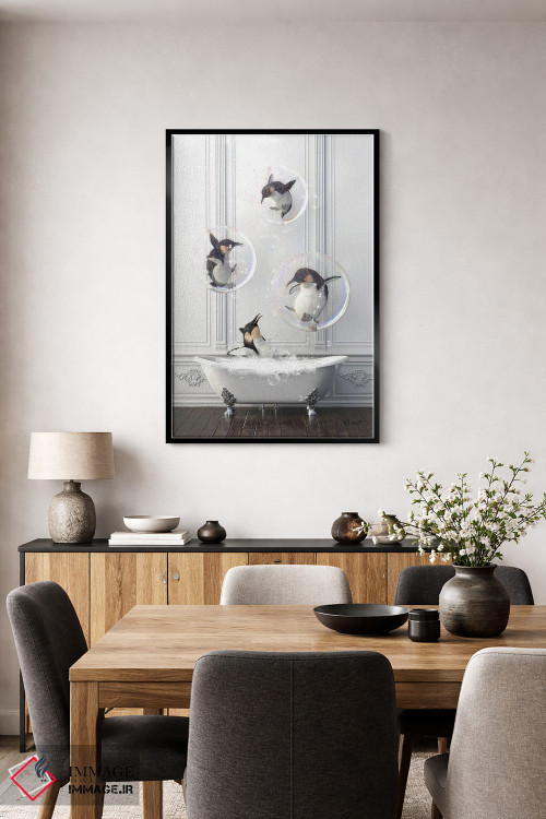 تابلو دکوراتیو پنگوئن در حمام پر از حباب اثر جوفری فیلیپ - D4B