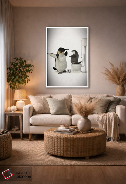 تابلو دکوراتیو پنگوئن در دستشویی با بچه اش اثر جوفری فیلیپ - D4W