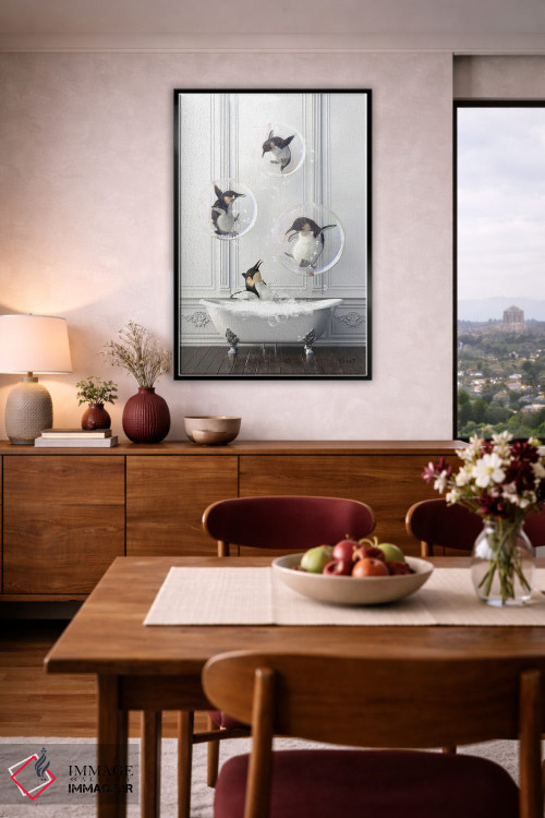 تابلو دکوراتیو پنگوئن در حمام پر از حباب اثر جوفری فیلیپ - D5B