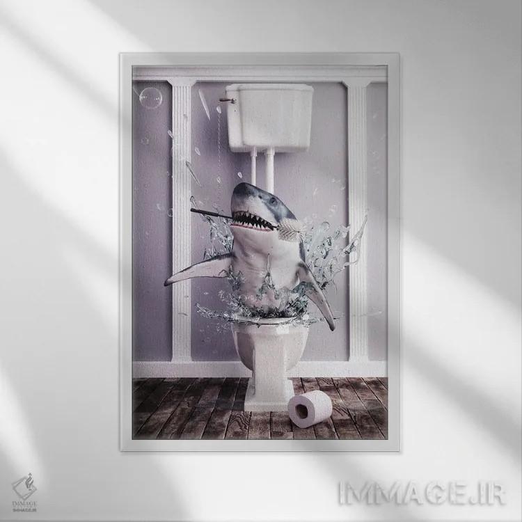 تابلو دکوراتیو کوسه در دستشویی اثر جوفری فیلیپ - نمای قابدار سفید