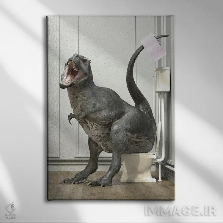 تابلو دکوراتیو تی رکس در دستشویی اثر جوفری فیلیپ - نمای روبهرو روی دیوار