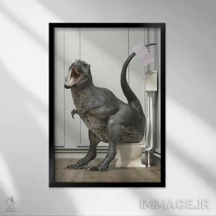 تابلو دکوراتیو تی رکس در دستشویی اثر جوفری فیلیپ - نمای قابدار مشکی