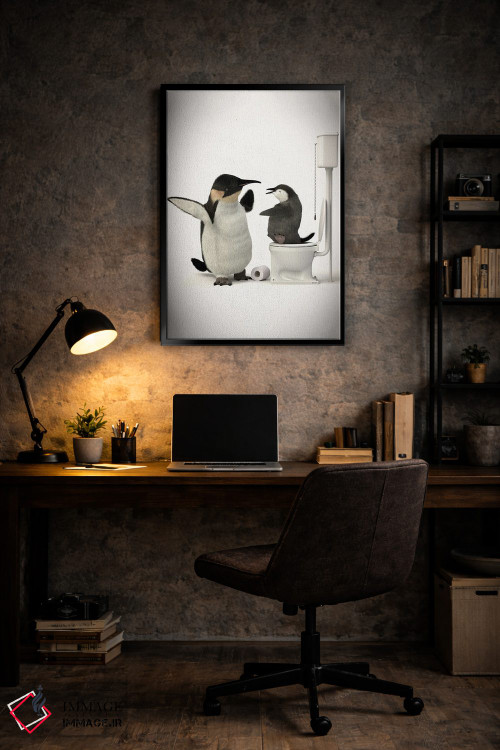تابلو دکوراتیو پنگوئن در دستشویی با بچه اش اثر جوفری فیلیپ - D6B