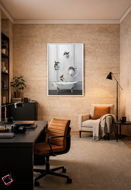تابلو دکوراتیو پنگوئن در حمام پر از حباب اثر جوفری فیلیپ - D6W