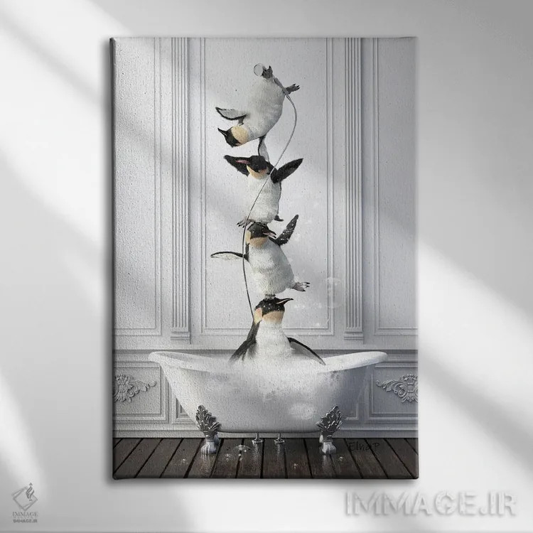 تابلو دکوراتیو خانواده پنگوئن آکروبات در حمام اثر جوفری فیلیپ - نمای روبهرو روی دیوار