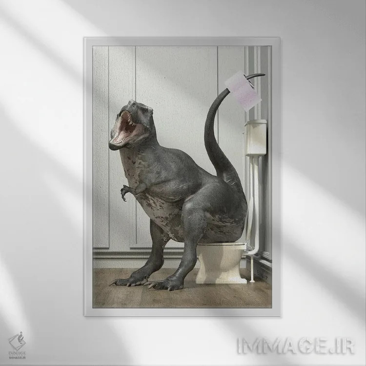 تابلو دکوراتیو تی رکس در دستشویی اثر جوفری فیلیپ - نمای قابدار سفید