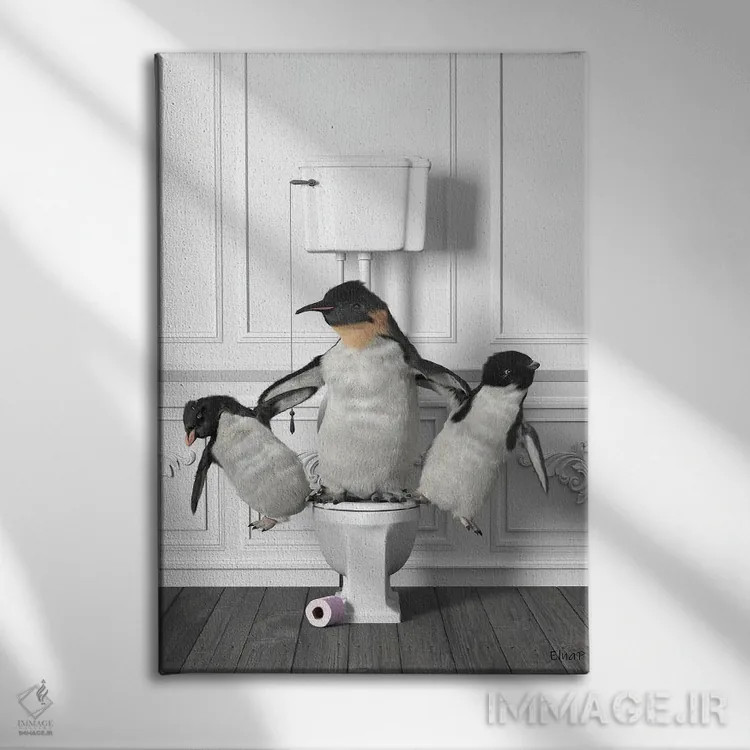 تابلو دکوراتیو پنگوئن های ژیمناست در دستشویی اثر جوفری فیلیپ - نمای روبهرو روی دیوار