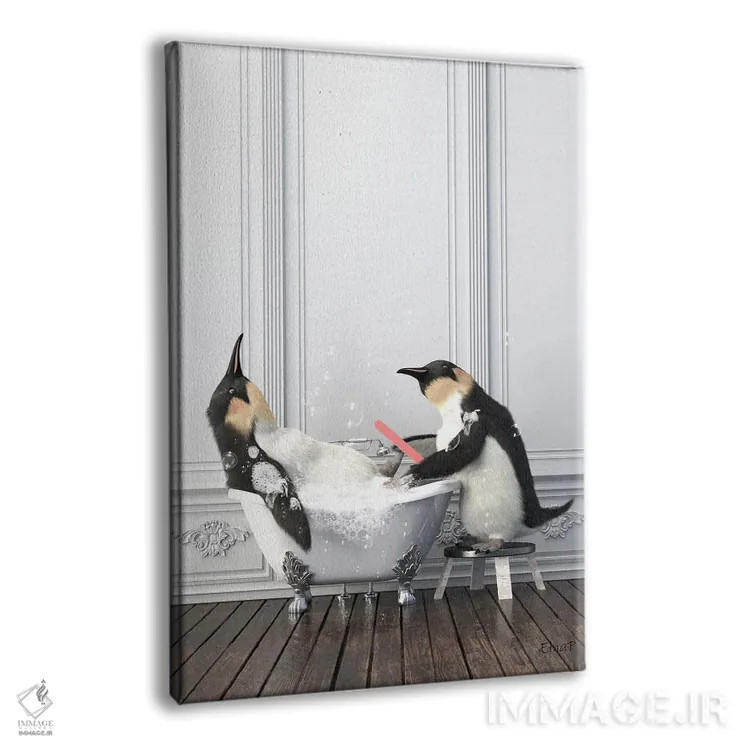 تابلو دکوراتیو پنگوئن در حال مانیکور ناخن در حمام اثر جوفری فیلیپ - نمای پرسپکتیو محصول