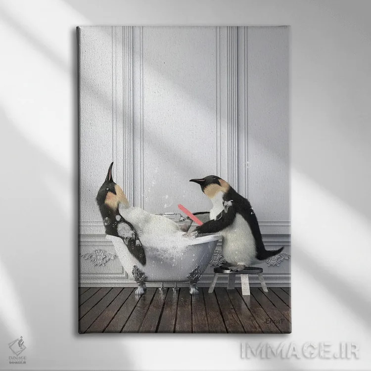 تابلو دکوراتیو پنگوئن در حال مانیکور ناخن در حمام اثر جوفری فیلیپ - نمای روبهرو روی دیوار