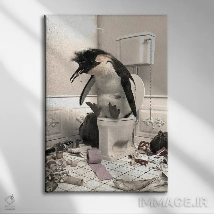 تابلو دکوراتیو پنگوئن نابود شده در دستشویی اثر جوفری فیلیپ - نمای روبهرو روی دیوار