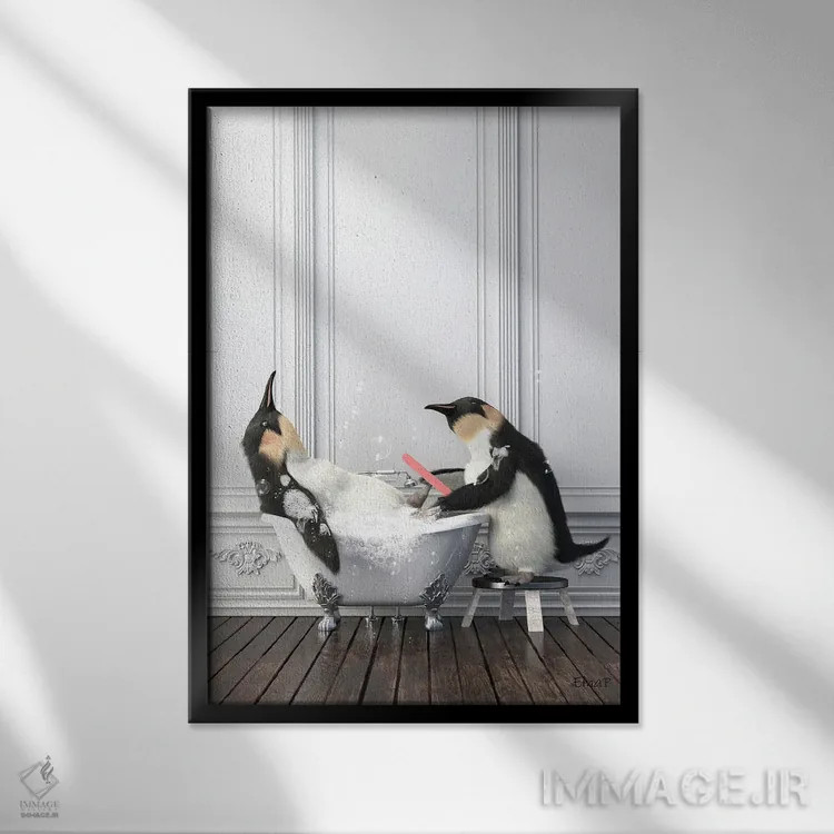 تابلو دکوراتیو پنگوئن در حال مانیکور ناخن در حمام اثر جوفری فیلیپ - نمای قابدار مشکی