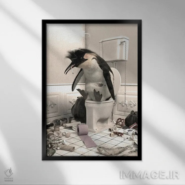 تابلو دکوراتیو پنگوئن نابود شده در دستشویی اثر جوفری فیلیپ - نمای قابدار مشکی