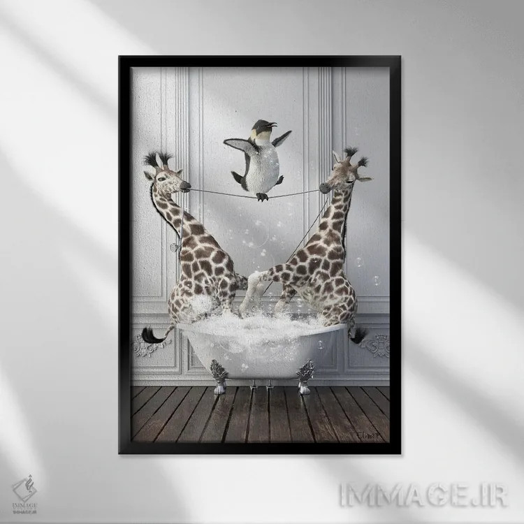 تابلو دکوراتیو پنگوئن بندباز اثر جوفری فیلیپ - نمای قابدار مشکی