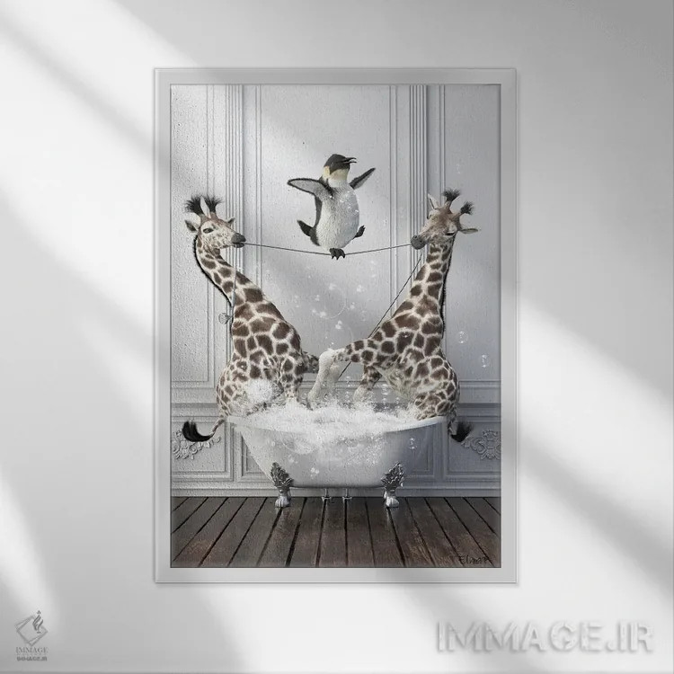 تابلو دکوراتیو پنگوئن بندباز اثر جوفری فیلیپ - نمای قابدار سفید