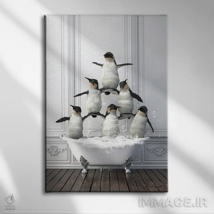 تابلو دکوراتیو پنگوئن های ژیمناست در حمام اثر جوفری فیلیپ - نمای روبهرو روی دیوار