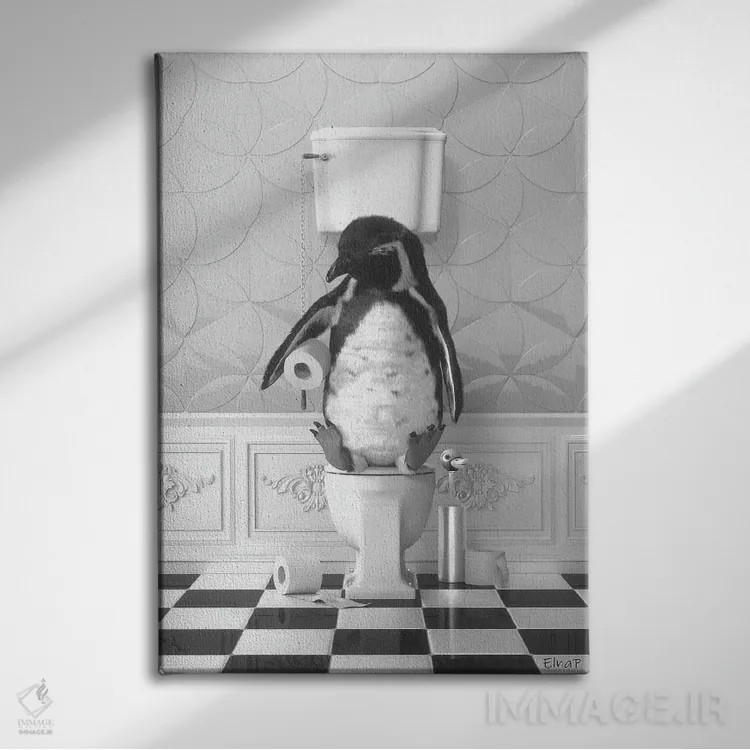 تابلو دکوراتیو پنگوئن روی دستشویی اثر جوفری فیلیپ - نمای روبهرو روی دیوار